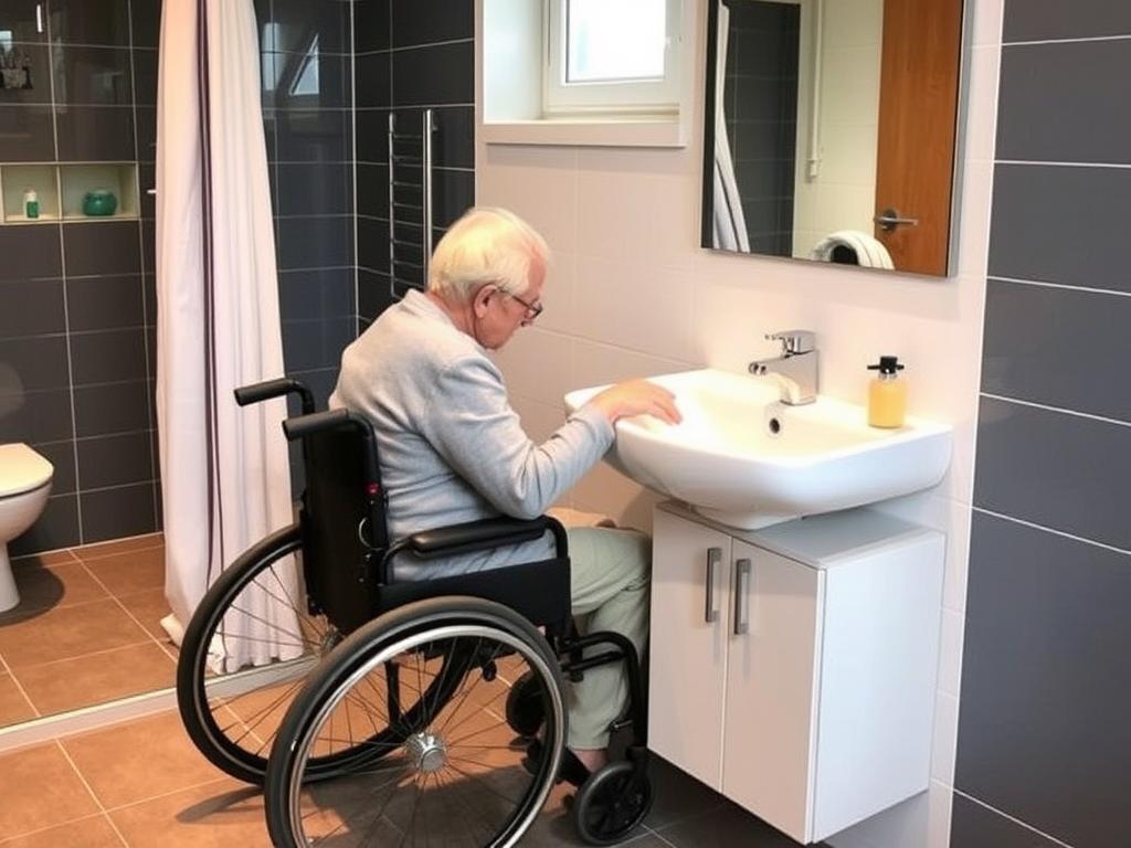 Ältere Person im Rollstuhl nutzt barrierefreies Waschbecken nach Umbau mit Zuschüsse Pflegebad Umbau Tübingen