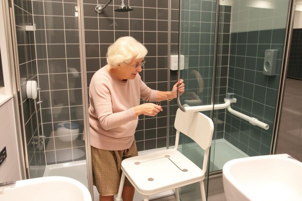 Ältere Person nutzt barrierefreie Dusche mit Haltegriffen in Tübingen Zuschüsse Pflegebad Umbau
