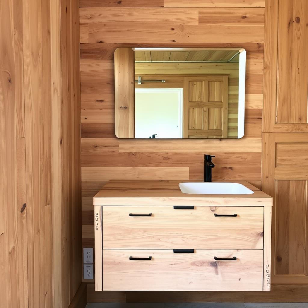 Aufbereitetes Holz für Badmöbel in einem nachhaltigen Bad in Dessau-Roßlau