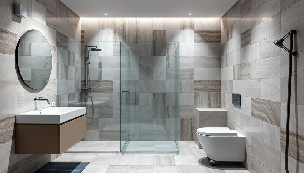 Badezimmer mit verschiedenen Fliesenmaterialien