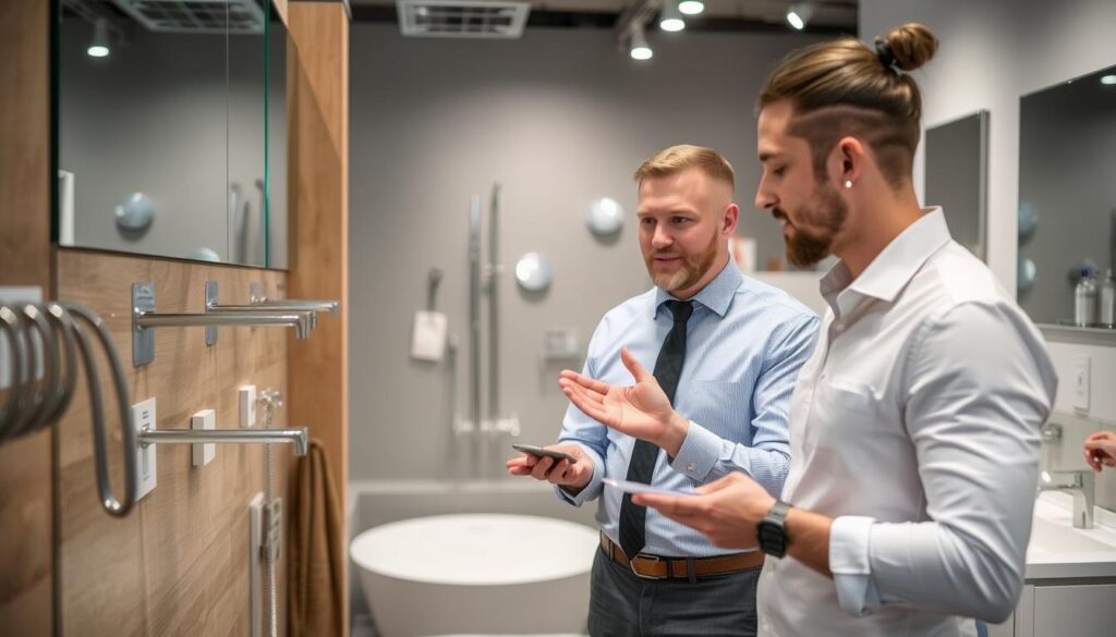 Badezimmerexperte berät Kunden zu Premium Armaturen im Bad Würzburg