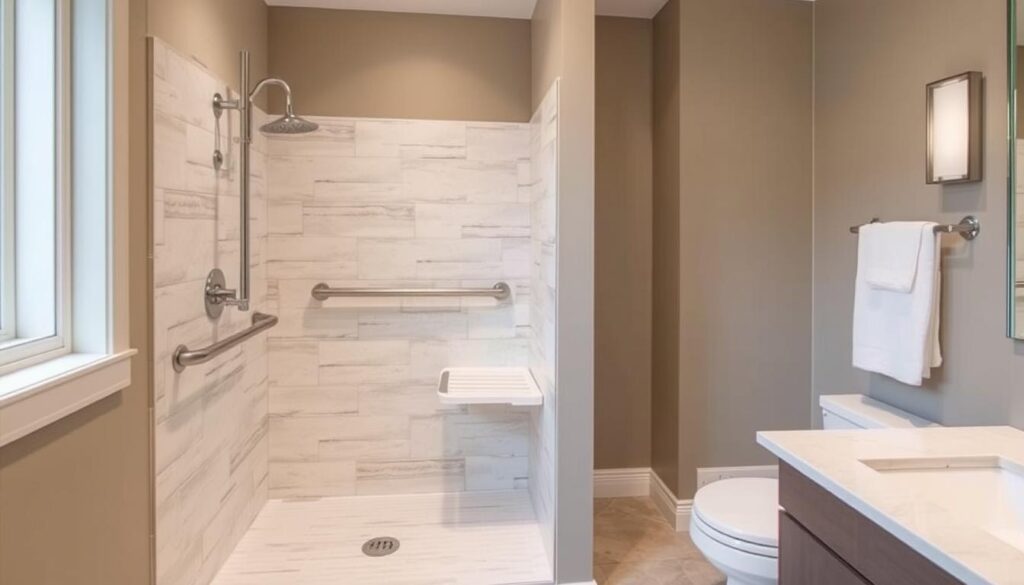 Barrierefreie Dusche Bremen mit ebenerdiger Gestaltung und Sitzgelegenheit