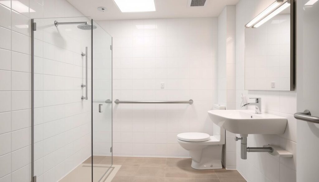 Barrierefreies Badezimmer in Magdeburg mit bodengleicher Dusche und Haltegriffen