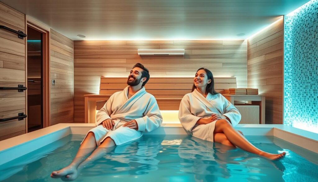 Entspanntes Paar genießt Wellnessbad mit Sauna in Regensburg