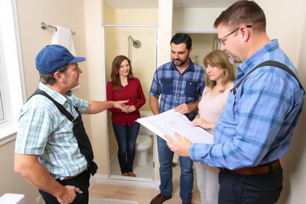 Fachmann bei der Beratung zur Sanitärrohrinstallation in einem Flensburger Badezimmer
