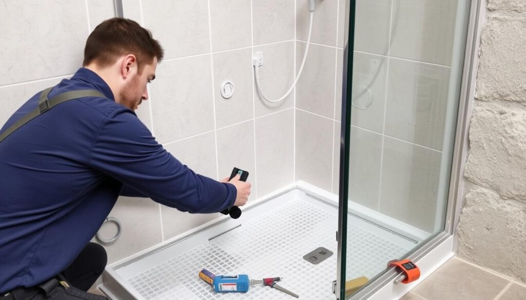 Fachmann bei der Installation einer barrierefreien Dusche in Kempten nach DIN-Norm