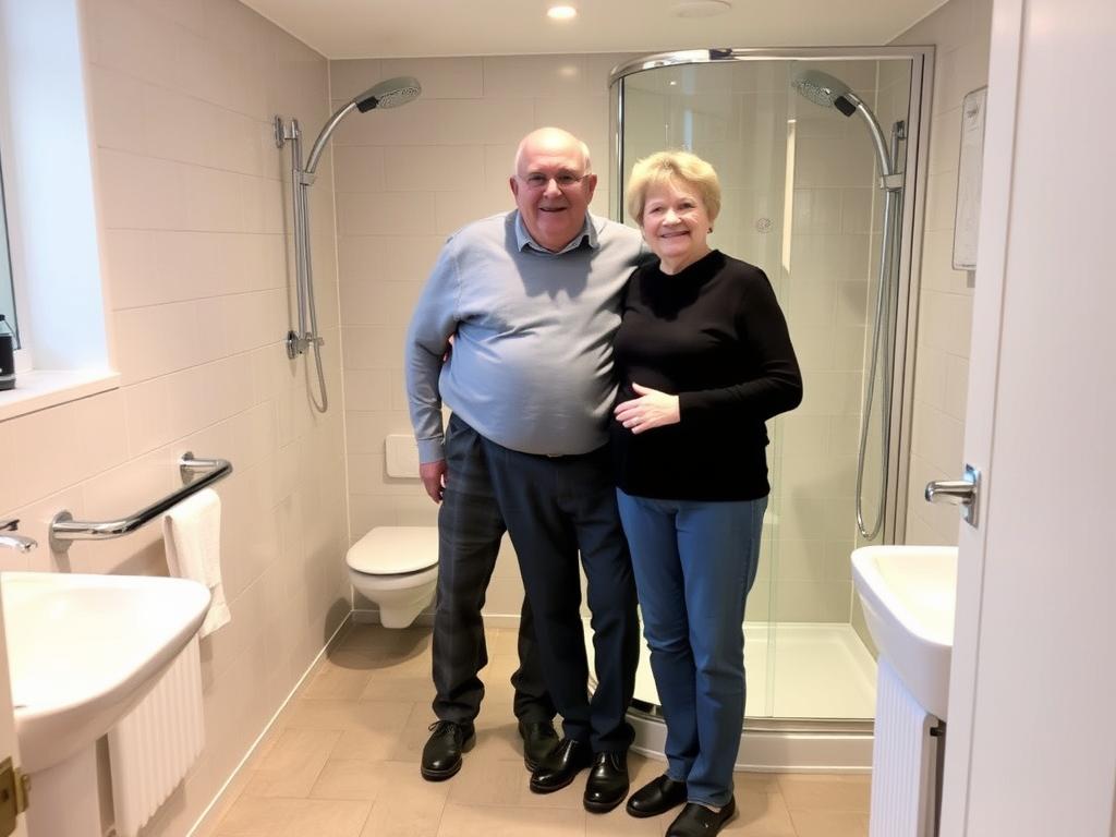 Familie Müller vor ihrem barrierefreien Bad in Tübingen Zuschüsse Pflegebad Umbau