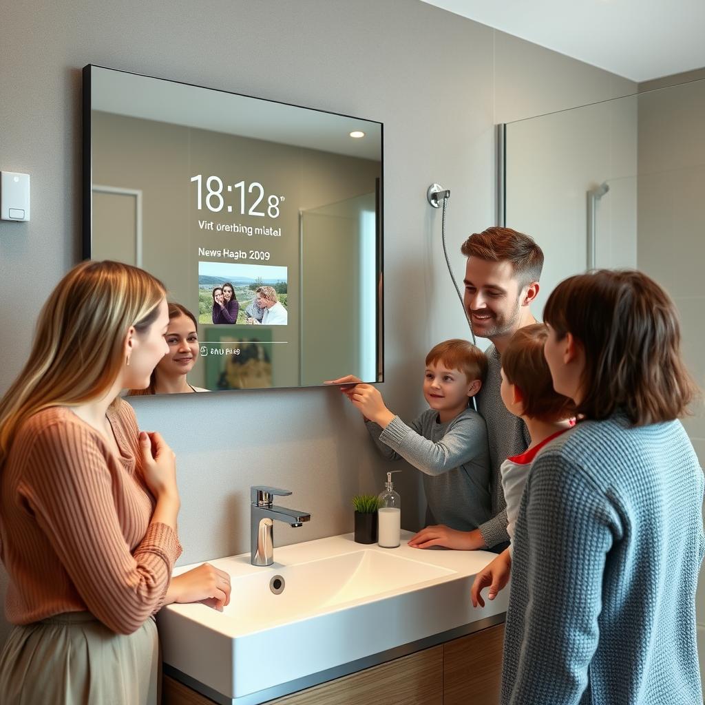 Familie nutzt Smart Mirror Bad in einem modernen Badezimmer in Villingen-Schwenningen