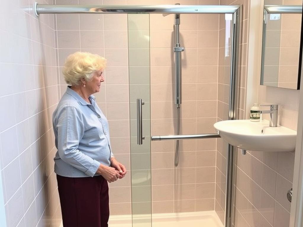 Frau Schmidt in ihrer neuen barrierefreien Dusche in Tübingen Zuschüsse Pflegebad Umbau