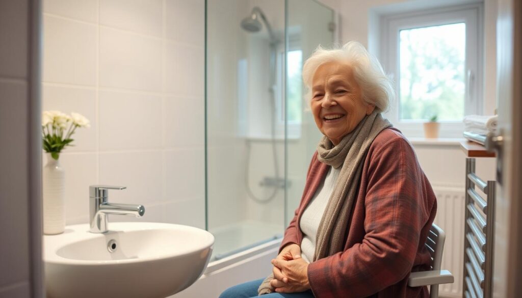 Glückliche Seniorin in ihrem barrierefreien Bad in Tübingen nach Umbau mit Zuschüsse Pflegebad
