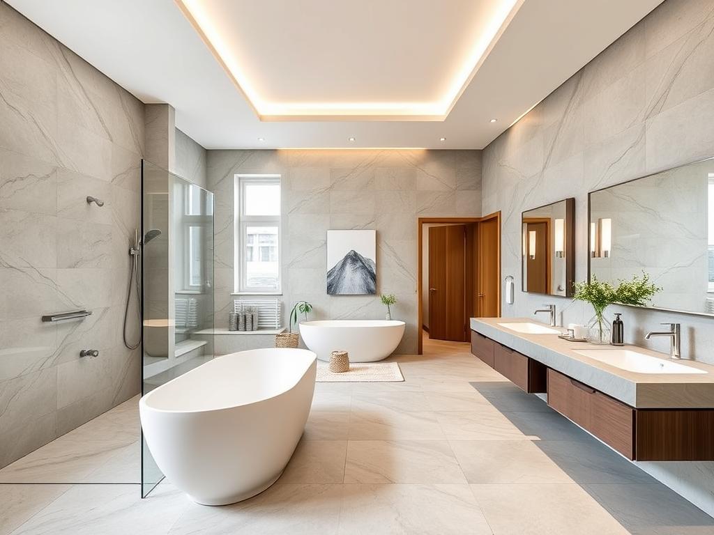 Großzügiges Luxusbadezimmer mit verschiedenen Zonen für Dusche, Badewanne und Waschtisch
