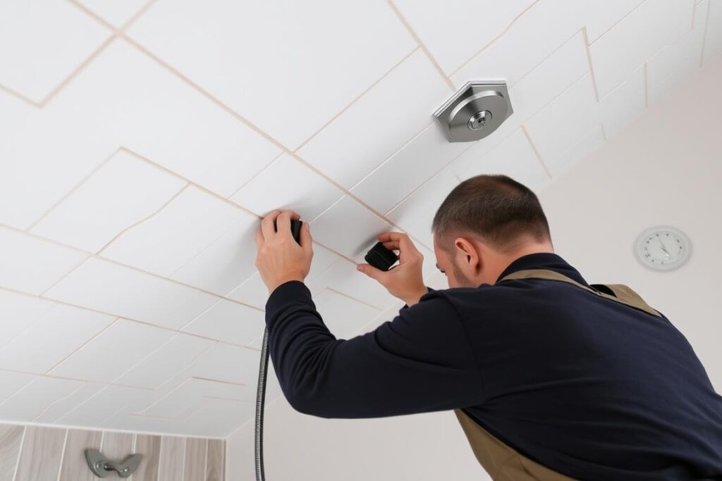 Handwerker bei der Arbeit an einer Dachschräge im Bad in Sindelfingen