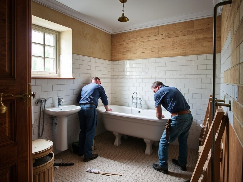 Handwerker bei der Arbeit in einem Bonner Altbau-Badezimmer