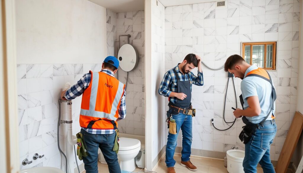 Handwerker bei der Arbeit in einem Mietbad in Moers
