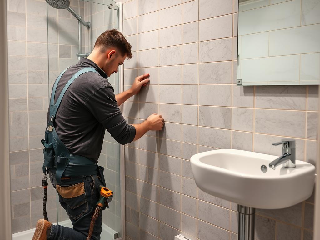 Handwerker bei der Fliesenverlegung in einem Mietbad in Moers