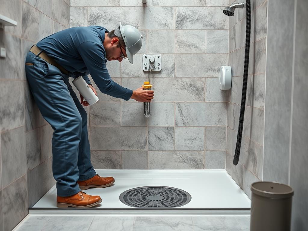 Handwerker bei der Installation einer bodengleichen Dusche in einem barrierefreien Bad in Magdeburg Handwerker bei der Installation einer bodengleichen Dusche in einem barrierefreien Bad in Magdeburg