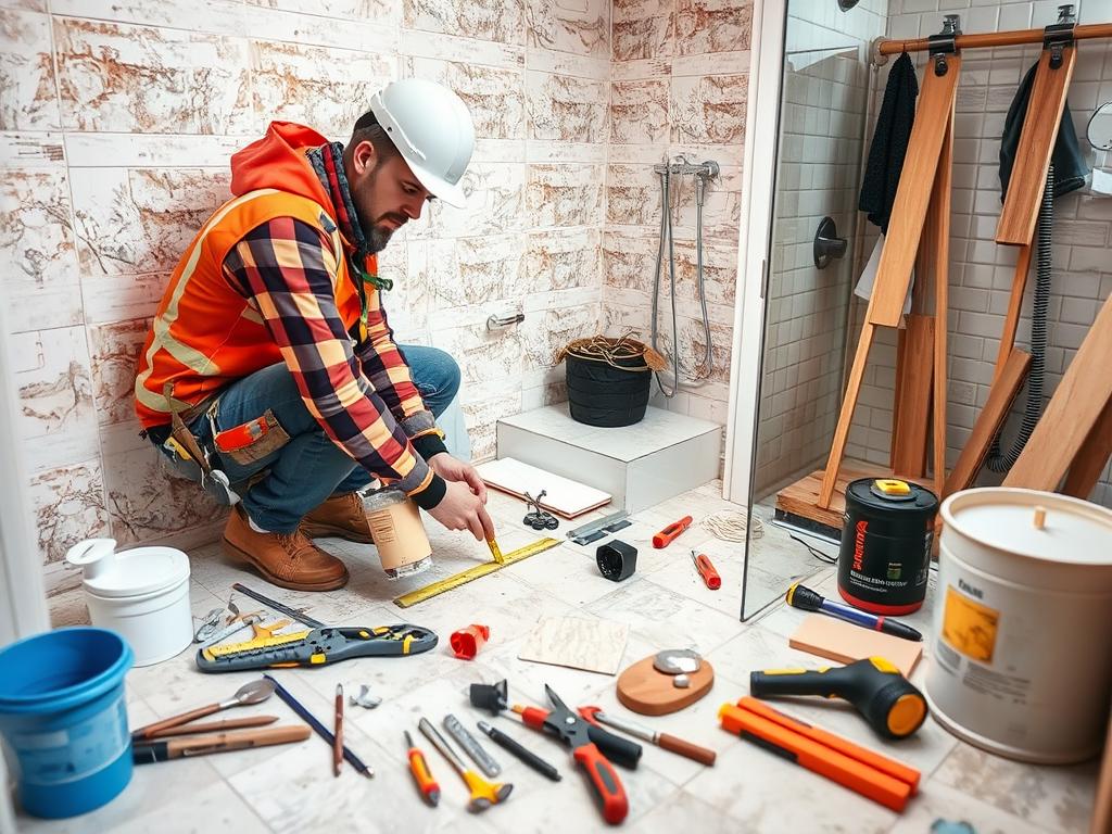 Heimwerker bei der Eigenleistung eines Badumbaus in Potsdam mit Werkzeugen und Materialien