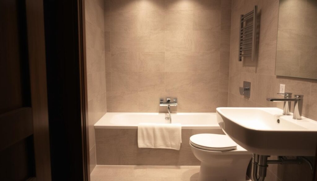 Kleines Badezimmer mit großformatigen 60×120 Fliesen, die den Raum optisch vergrößern