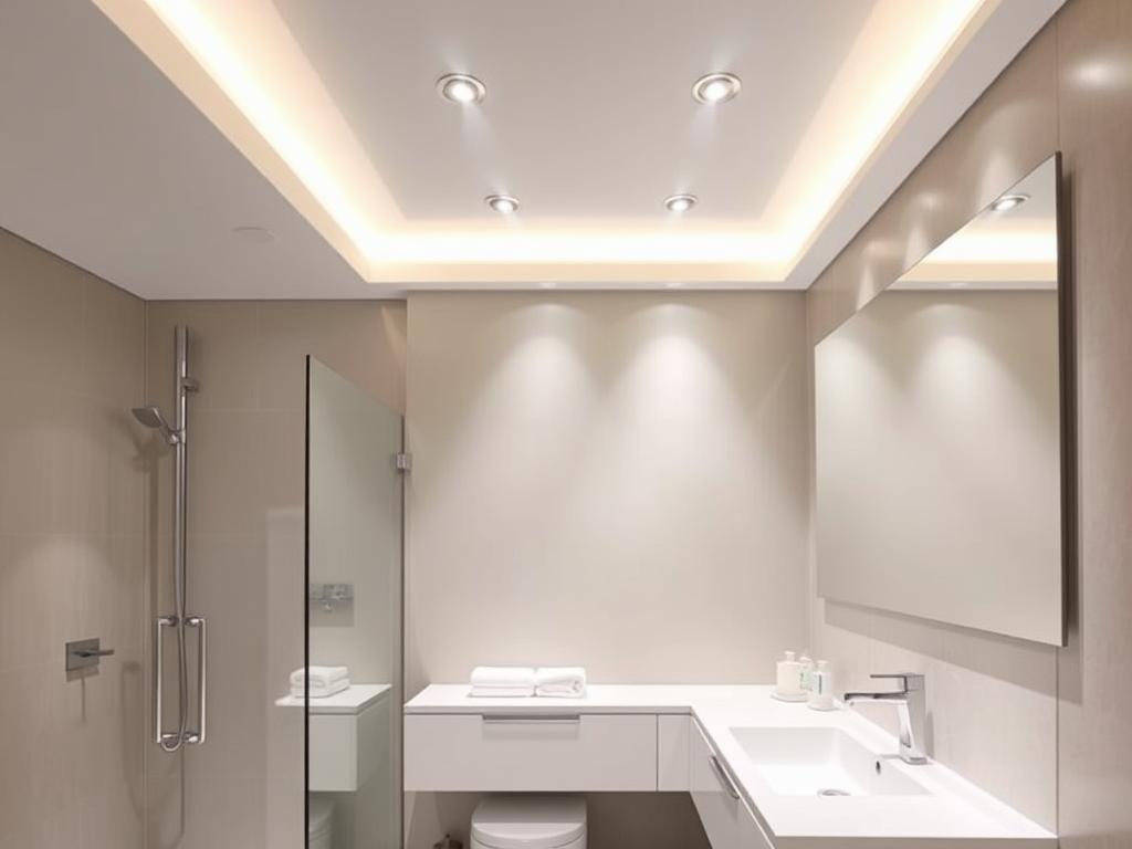 LED-Spots in einem Badezimmer in Siegen mit Spanndecke und integriertem Lichtkonzept