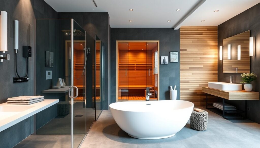 Luxusbad mit Sauna in Giessen mit modernem Design und hochwertigen Materialien