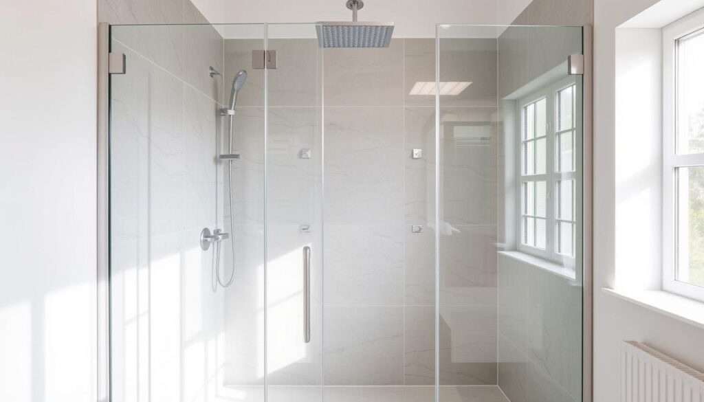 Moderne Großraumdusche in einem Bad in Ludwigsburg mit Glastrennwand und Regendusche