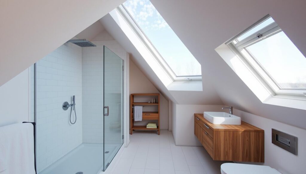 Modernes Badezimmer im Dachgeschoss in Hannover mit Dachschräge und bodentiefer Dusche