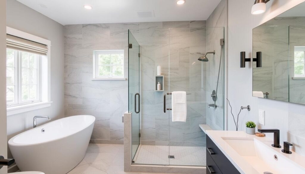 Modernes Badezimmer in Potsdam nach Umbau mit bodengleicher Dusche und nachhaltigen Elementen