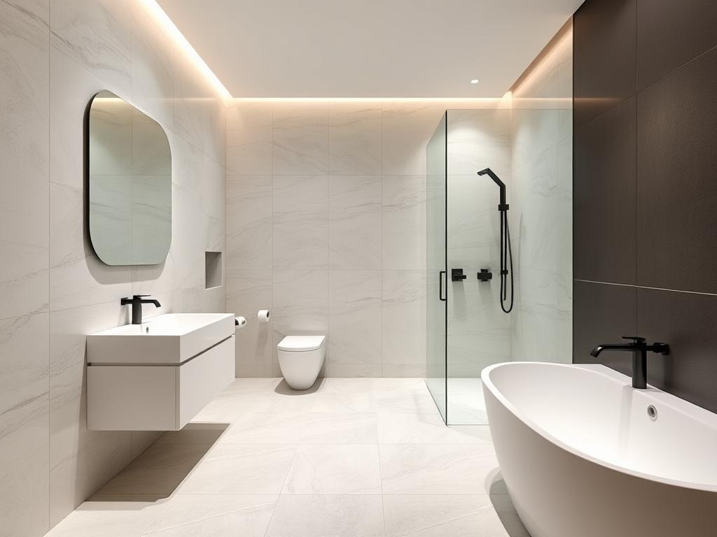 Modernes Badezimmer mit großformatigen 60×120 Fliesen in einem Neubau in Friedrichshafen