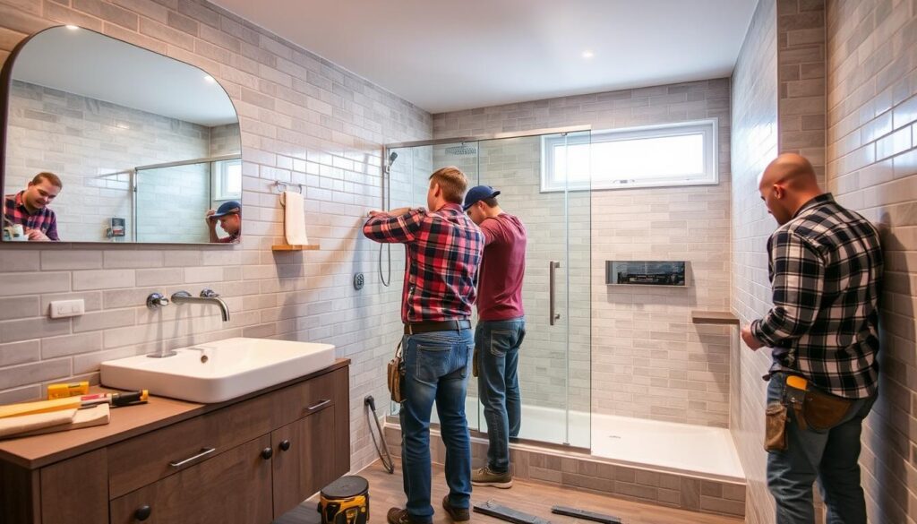 Modernes Badezimmer nach Umbau in Leipzig mit Handwerkern bei der Arbeit