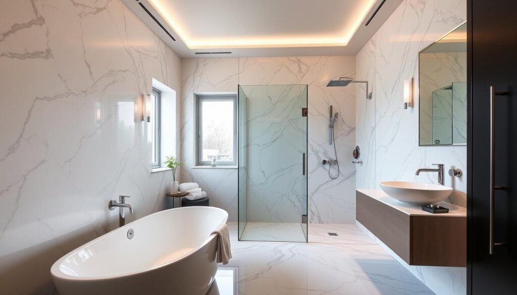 Modernes Luxusbadezimmer in Mannheim mit freistehender Badewanne und Walk-in-Dusche