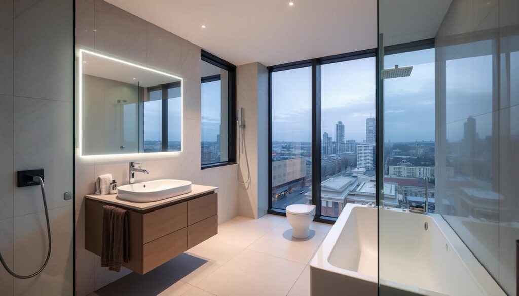 Modernes Smart-Home-Bad mit Mainzer Stadtsilhouette im Hintergrund