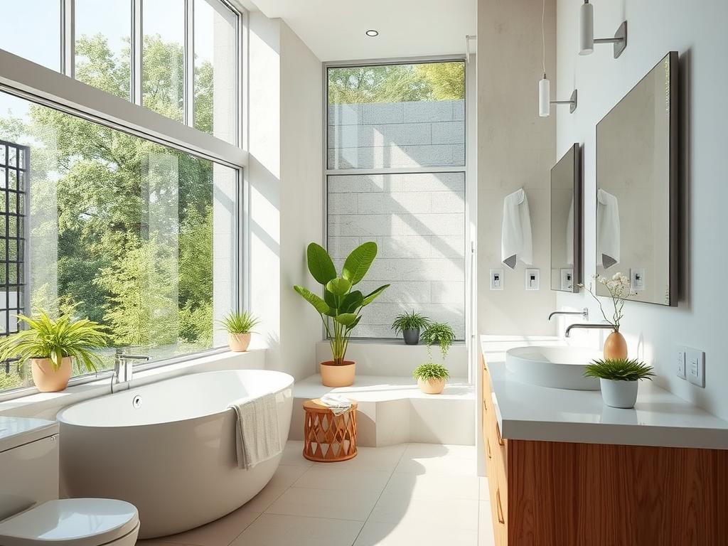 Modernes Tageslichtbad mit großem Fenster in einem Bottroper Neubau