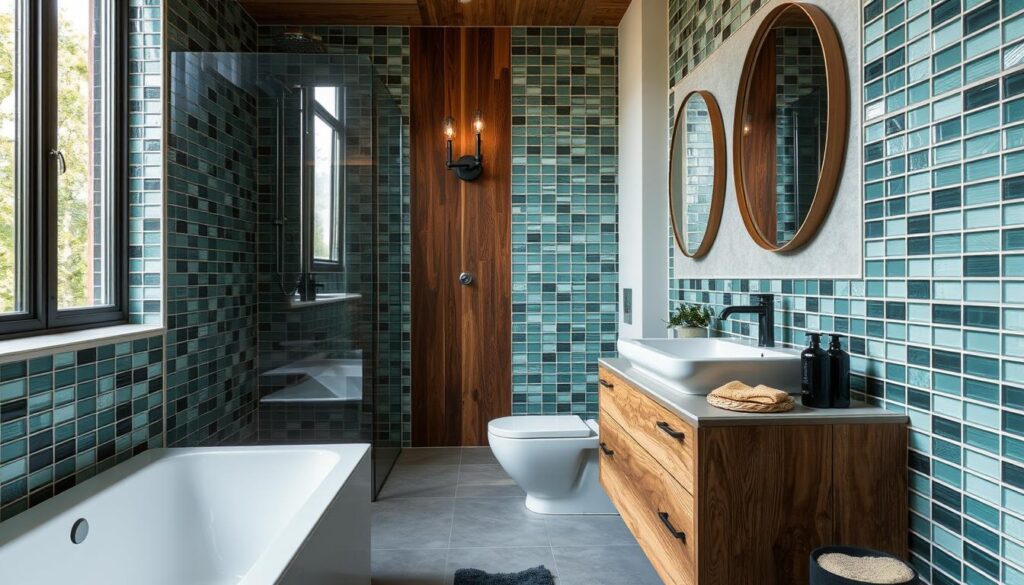 Nachhaltiges Bad mit Recyclingmaterialien in Dessau-Roßlau mit recycelten Fliesen und Holzelementen