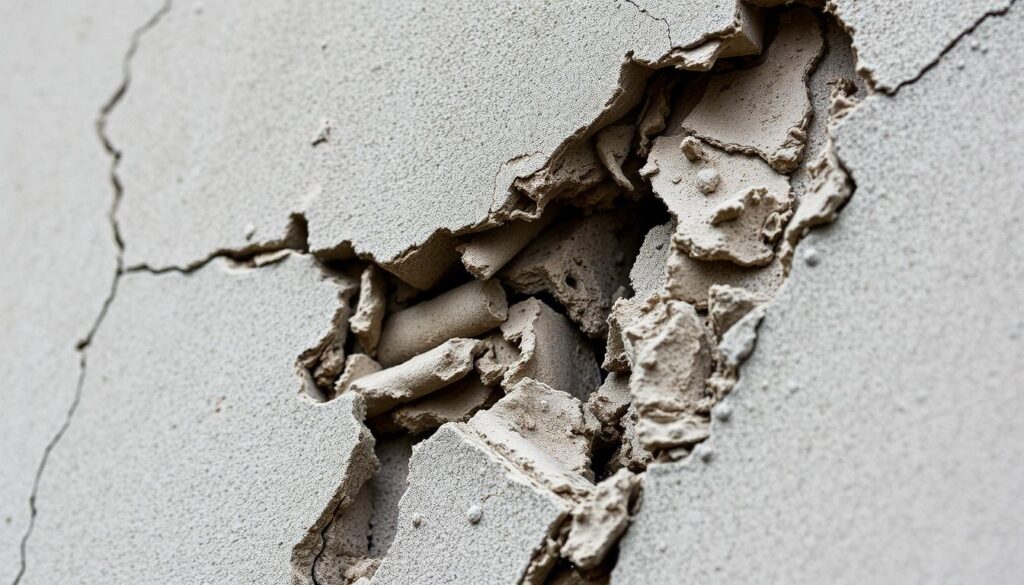 Nahaufnahme von Betonschäden mit freiliegender korrodierter Bewehrung an einem Altbau in Bad Greifswald