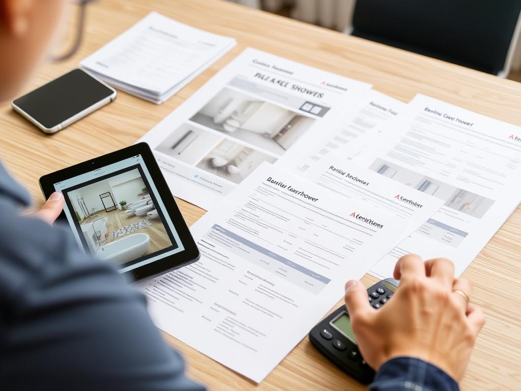 Person vergleicht verschiedene Angebote für barrierefreie Duschen nach DIN-Norm in Kempten