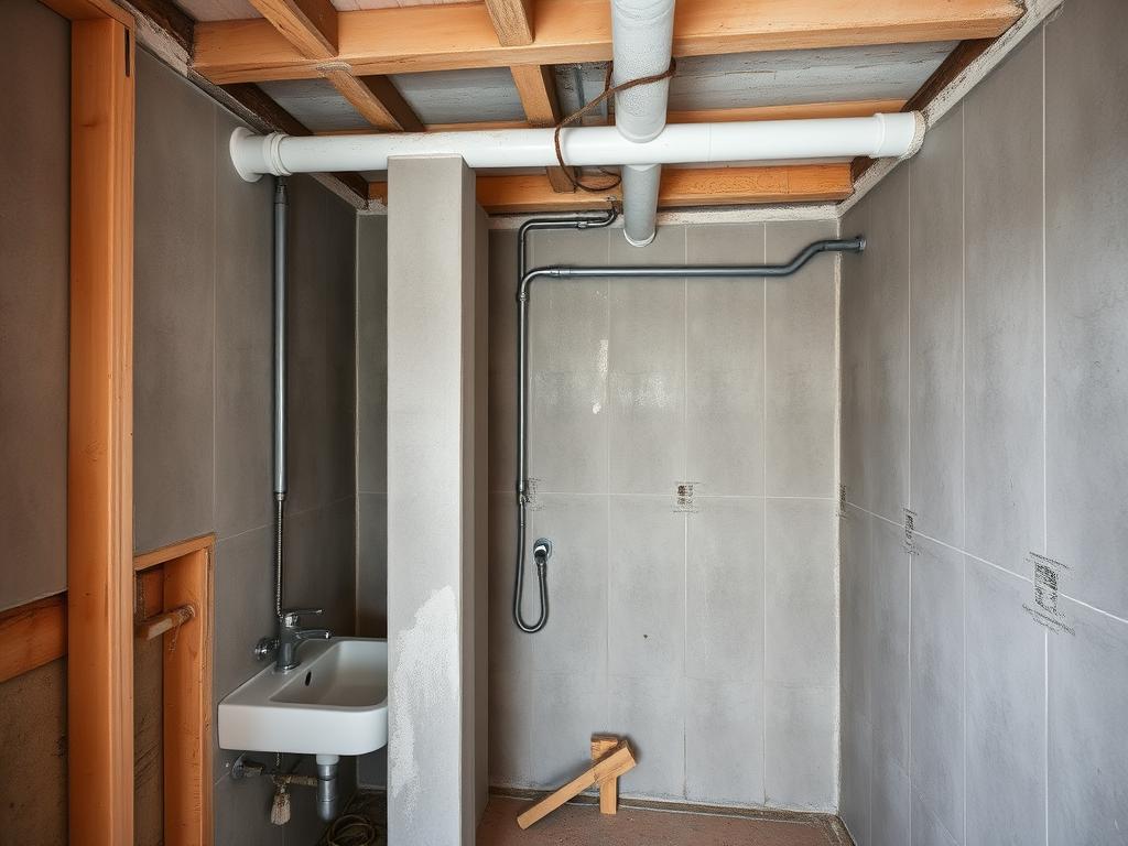 Rohbauphase eines Badezimmers in Heidelberg mit freigelegten Leitungen und vorbereiteten Wänden