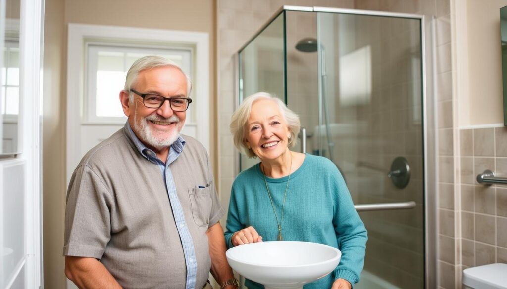 Seniorenpaar genießt ihr neues barrierefreies Bad in Ulm