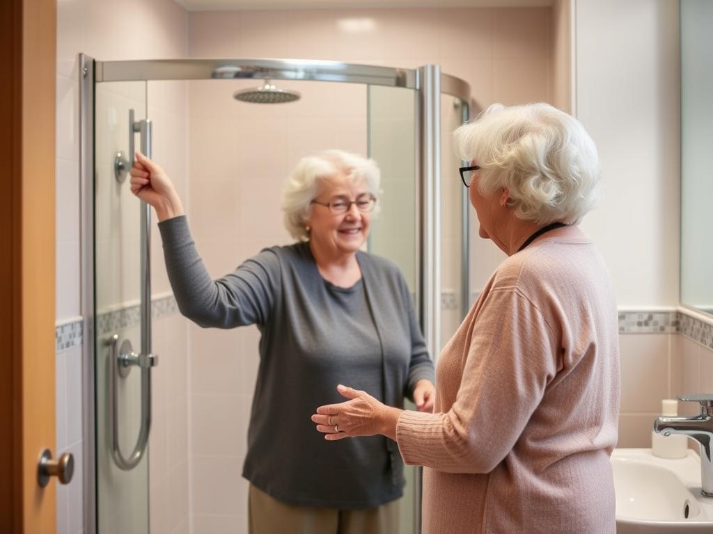 Seniorin nutzt barrierefreies Badezimmer in Ulm