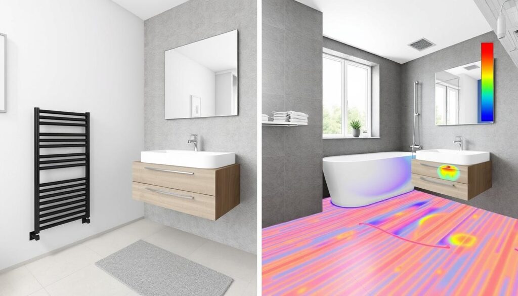 Vergleich zwischen Badheizkörper und Fußbodenheizung in einem modernen Badezimmer in Münster