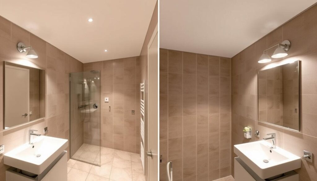 Vergleich zwischen LED-Spots und klassischer Beleuchtung in einem Siegener Badezimmer mit modernem Lichtkonzept