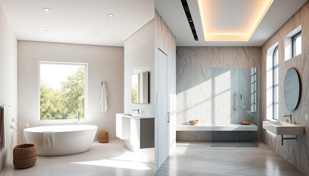 Vergleich zwischen einem hellen Tageslichtbad mit großem Fenster und einem stilvoll beleuchteten fensterlosen Bad