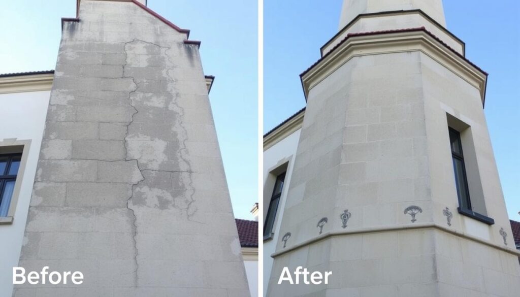 Vorher-Nachher-Vergleich einer Betonsanierung an einem Altbau in Bad Greifswald