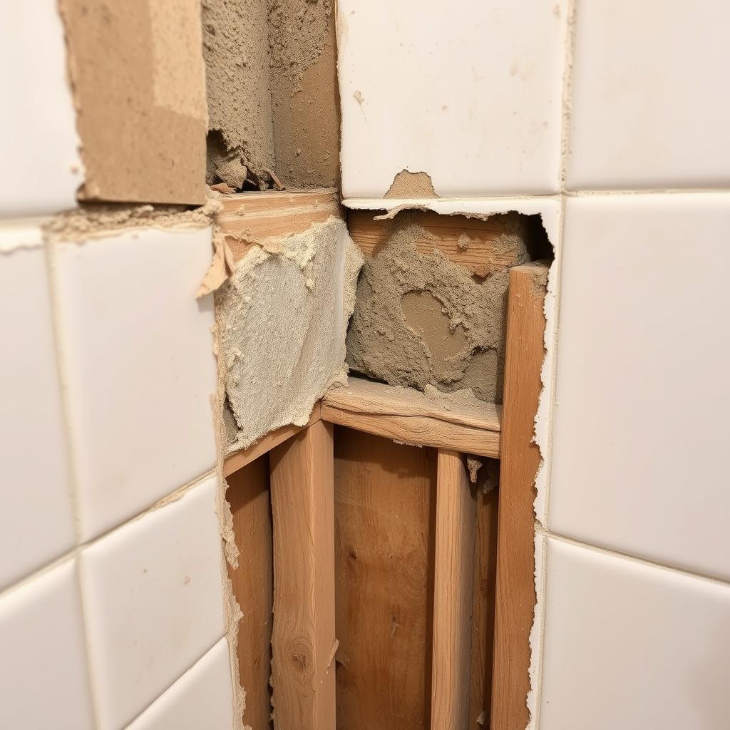 Wasserschaden hinter Fliesen in einem Augsburger Badezimmer als Beispiel für versteckte Kosten bei der Badsanierung